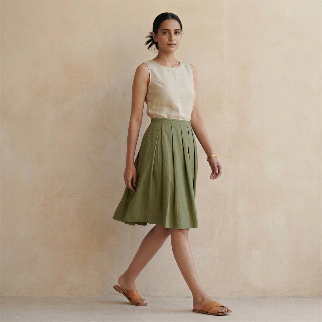 Olive Green Cotton Flax Knee-Length Pleated Skirt