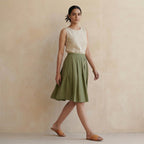 Olive Green Cotton Flax Knee-Length Pleated Skirt