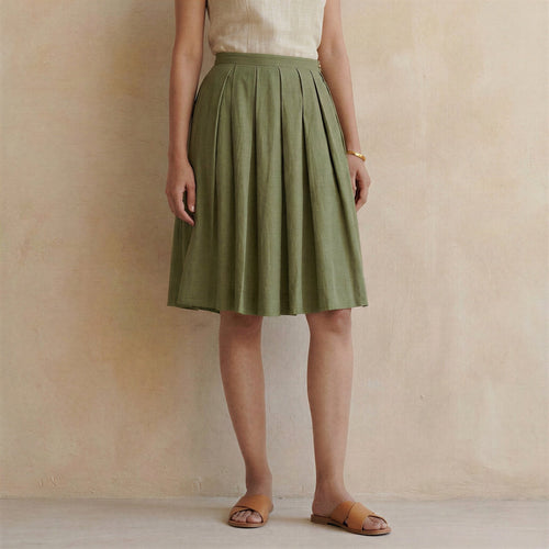 Olive Green Cotton Flax Knee-Length Pleated Skirt