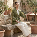 Olive Green Cotton Flax Kyoto Kimono Sleeve Wrap Top