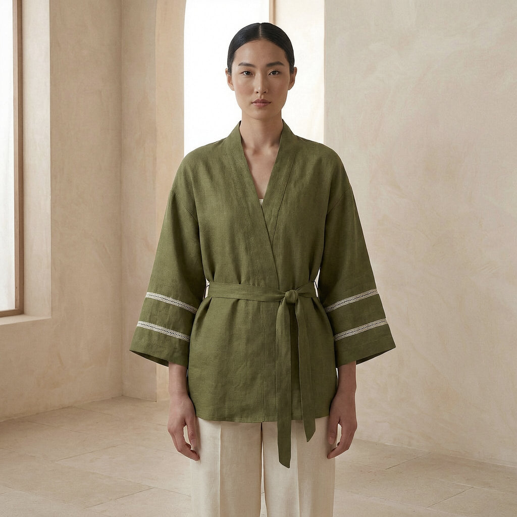 Olive Green Cotton Flax Kyoto Kimono Sleeve Wrap Top