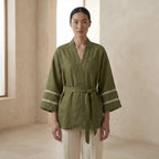 Olive Green Cotton Flax Kyoto Kimono Sleeve Wrap Top