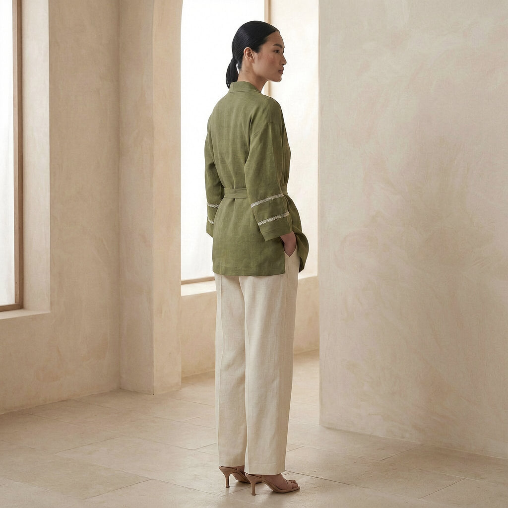 Olive Green Cotton Flax Kyoto Kimono Sleeve Wrap Top