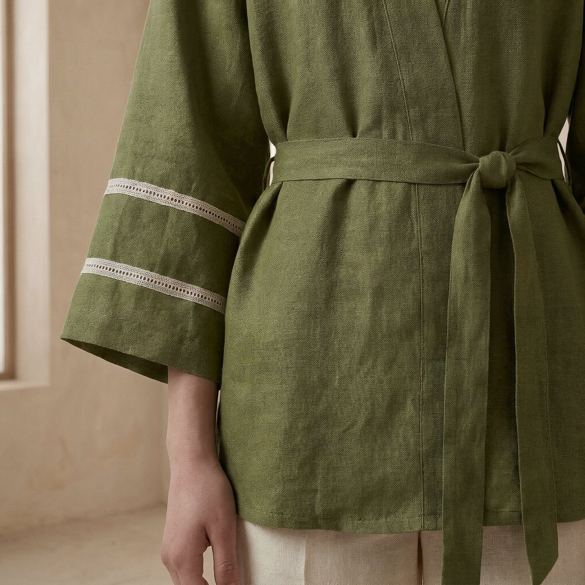 Olive Green Cotton Flax Kyoto Kimono Sleeve Wrap Top