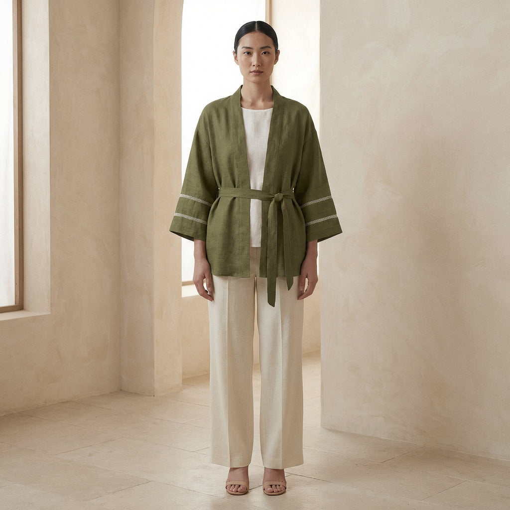 Olive Green Cotton Flax Kyoto Kimono Sleeve Wrap Top