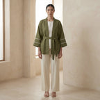 Olive Green Cotton Flax Kyoto Kimono Sleeve Wrap Top