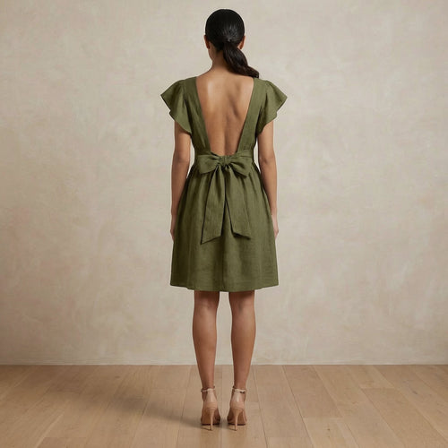 Olive Green Cotton Flax Open-Back Fit and Flare Knee Length Dress