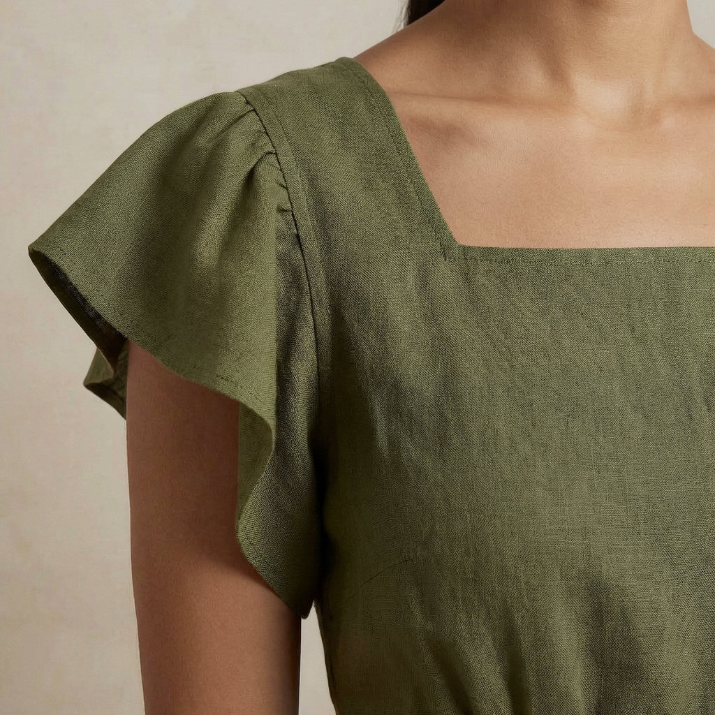 Olive Green Cotton Flax Open-Back Fit and Flare Knee Length Dress