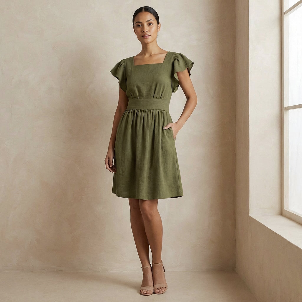 Olive Green Cotton Flax Open-Back Fit and Flare Knee Length Dress