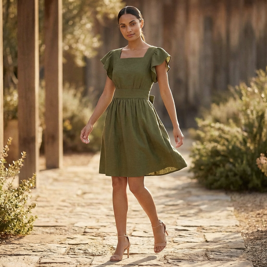 Olive Green Cotton Flax Open-Back Fit and Flare Knee Length Dress