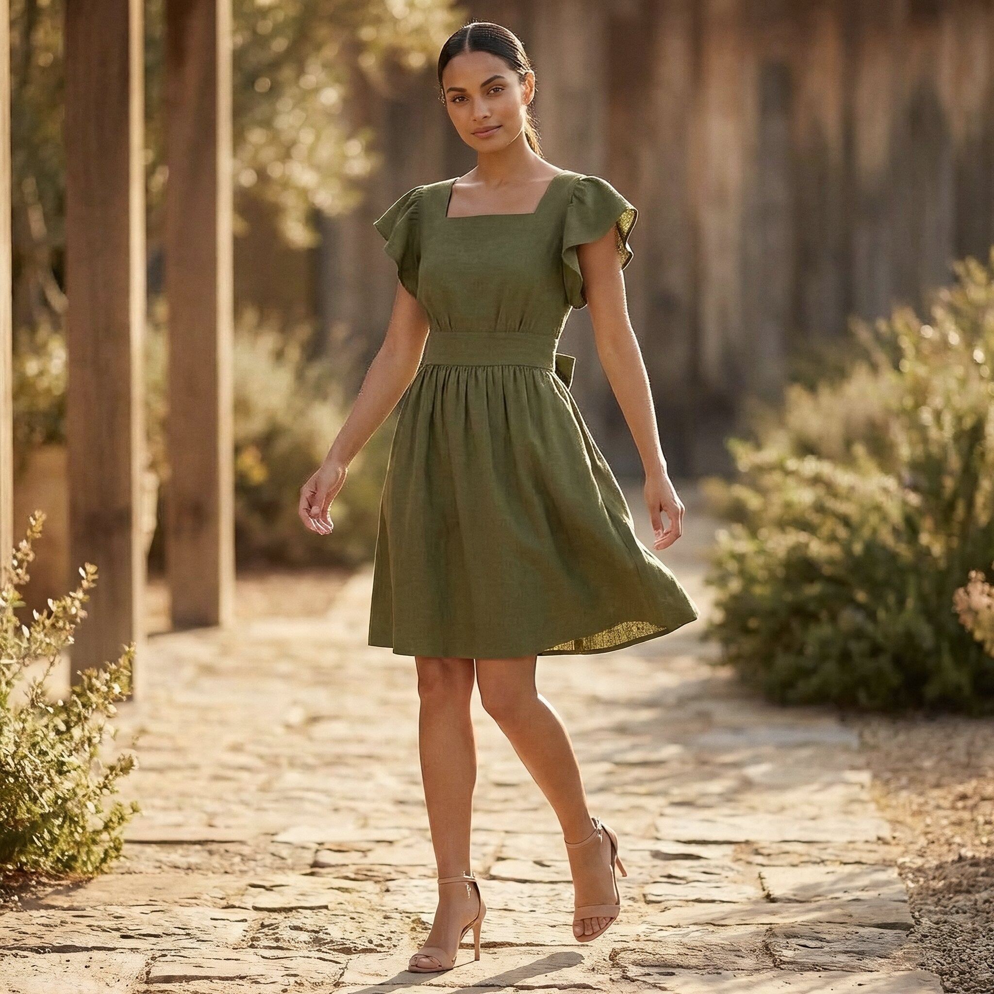 Olive Green Cotton Flax Open-Back Fit and Flare Knee Length Dress
