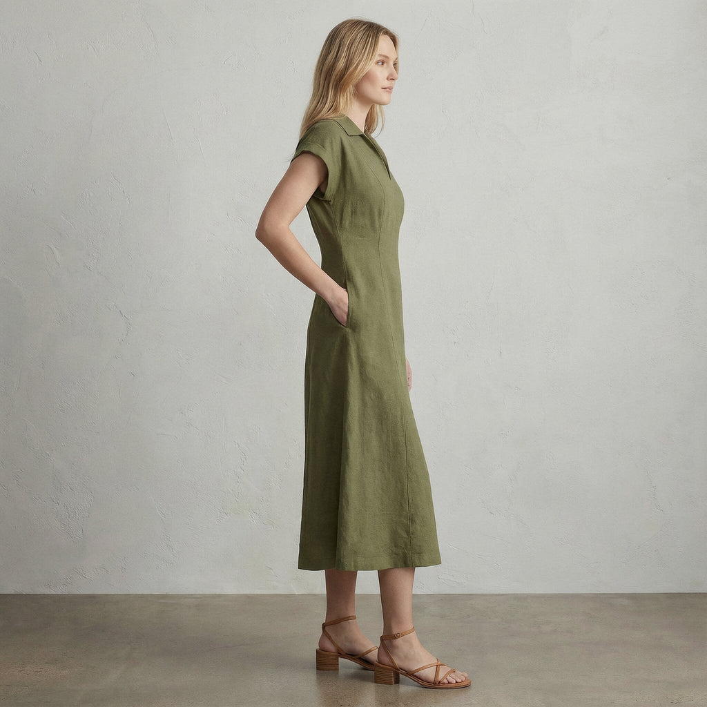 Olive Green Cotton Flax Paneled A-Line Midi Dress