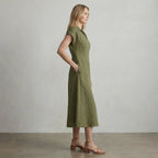 Olive Green Cotton Flax Paneled A-Line Midi Dress