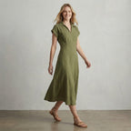 Olive Green Cotton Flax Paneled A-Line Midi Dress