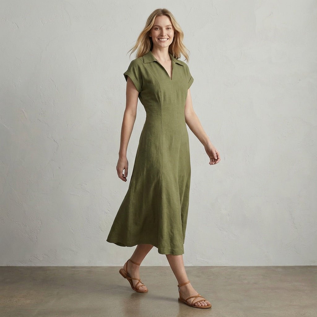 Olive Green Cotton Flax Paneled A-Line Midi Dress