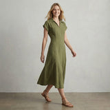 Olive Green Cotton Flax Paneled A-Line Midi Dress