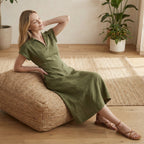 Olive Green Cotton Flax Paneled A-Line Midi Dress