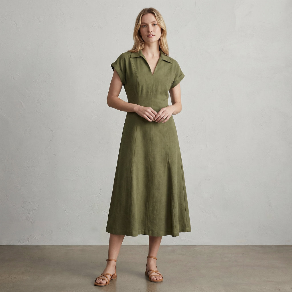 Olive Green Cotton Flax Paneled A-Line Midi Dress