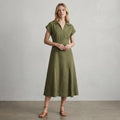 Olive Green Cotton Flax Paneled A-Line Midi Dress