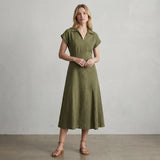 Olive Green Cotton Flax Paneled A-Line Midi Dress