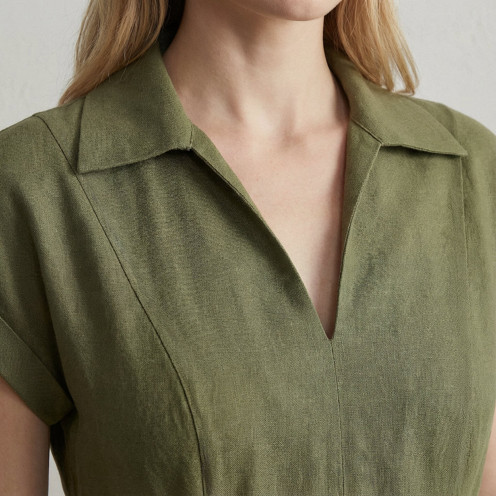 Olive Green Cotton Flax Paneled A-Line Midi Dress