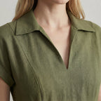 Olive Green Cotton Flax Paneled A-Line Midi Dress