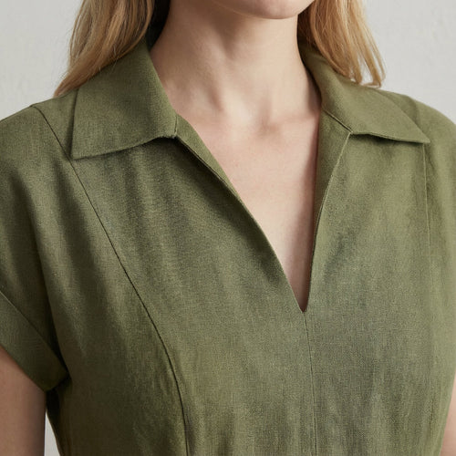 Olive Green Cotton Flax Paneled A-Line Midi Dress