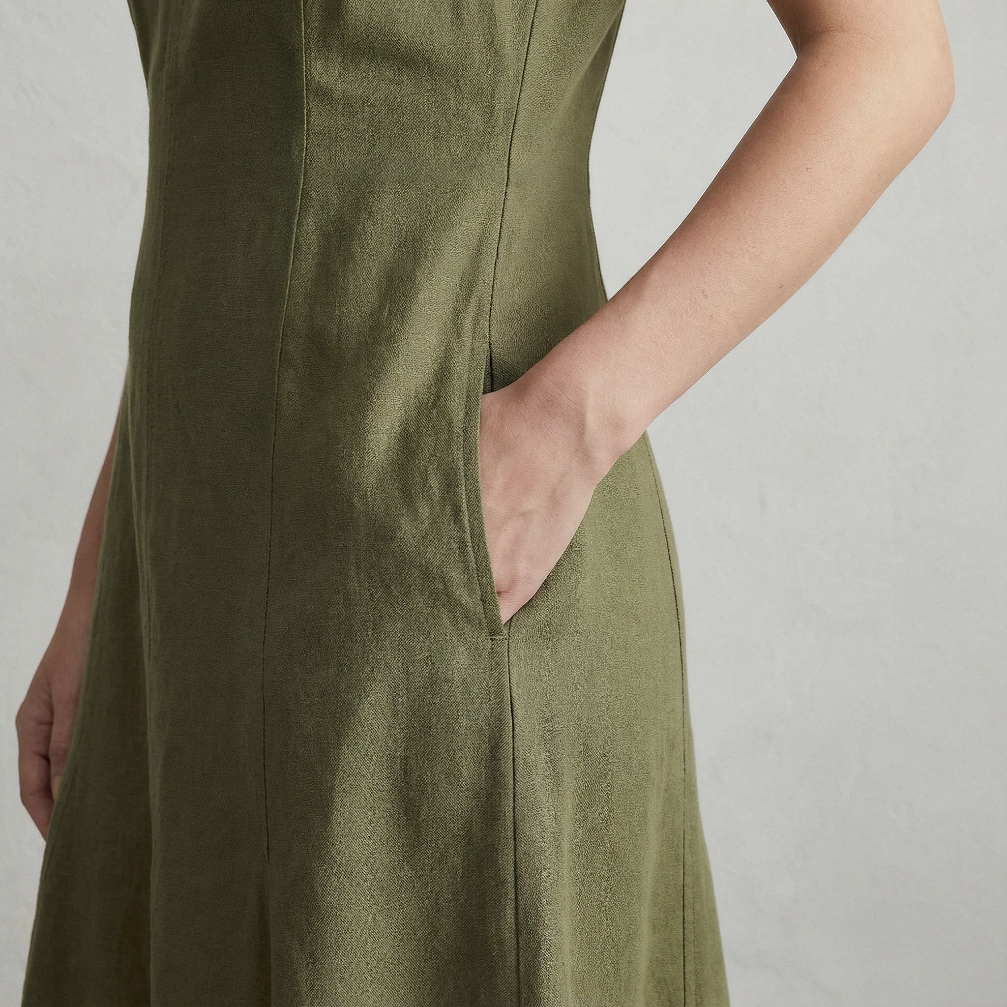 Olive Green Cotton Flax Paneled A-Line Midi Dress