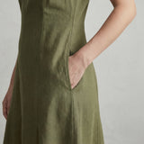 Olive Green Cotton Flax Paneled A-Line Midi Dress