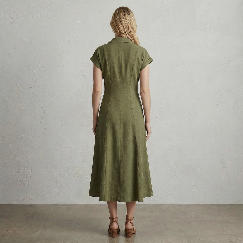 Olive Green Cotton Flax Paneled A-Line Midi Dress