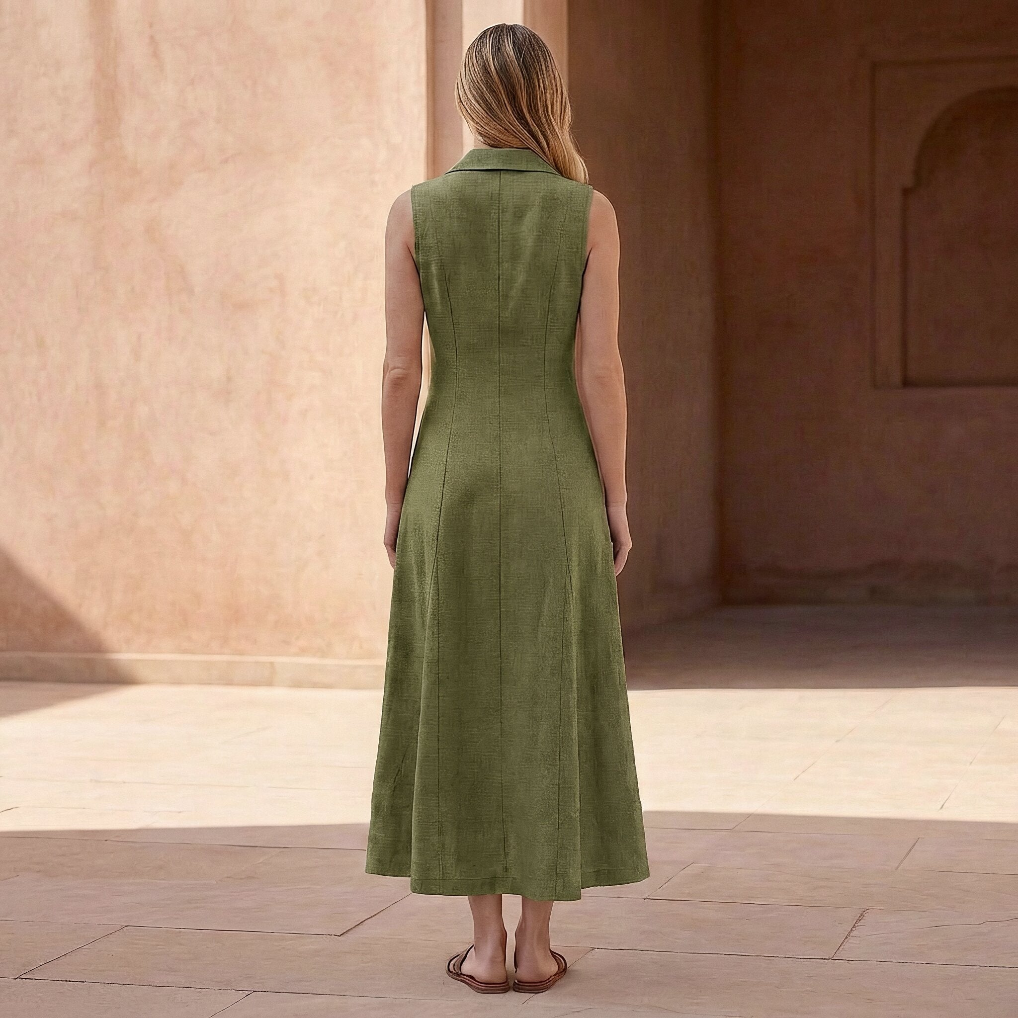 Olive Green Cotton Flax Paneled Sleeveless Maxi Dress