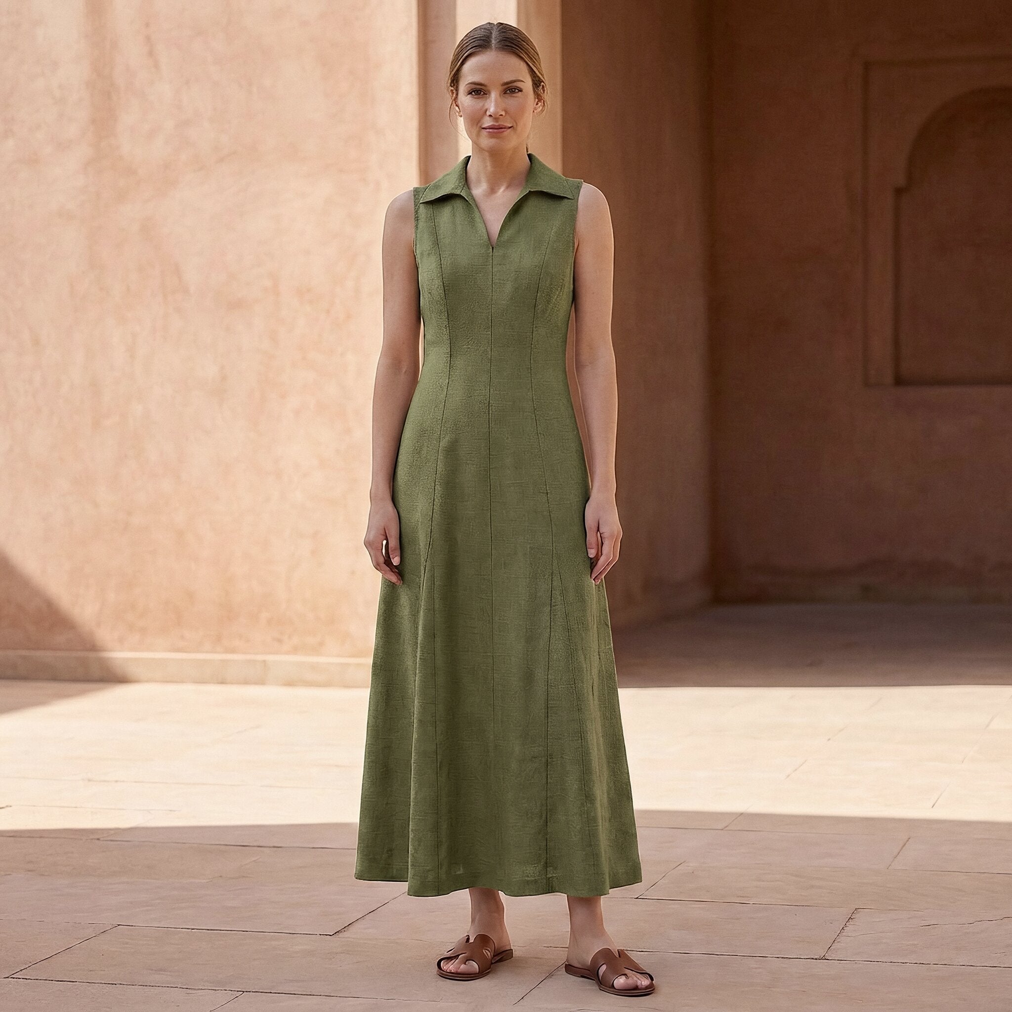 Olive Green Cotton Flax Paneled Sleeveless Maxi Dress