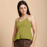 Left View of a Model wearing Olive Green Cotton Flax Pleated Camisole Top