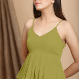 Front Detail of a Model wearing Olive Green Cotton Flax Pleated Camisole Top