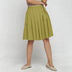 Front View of a Model wearing Olive Green Cotton Flax Pleated Skirt