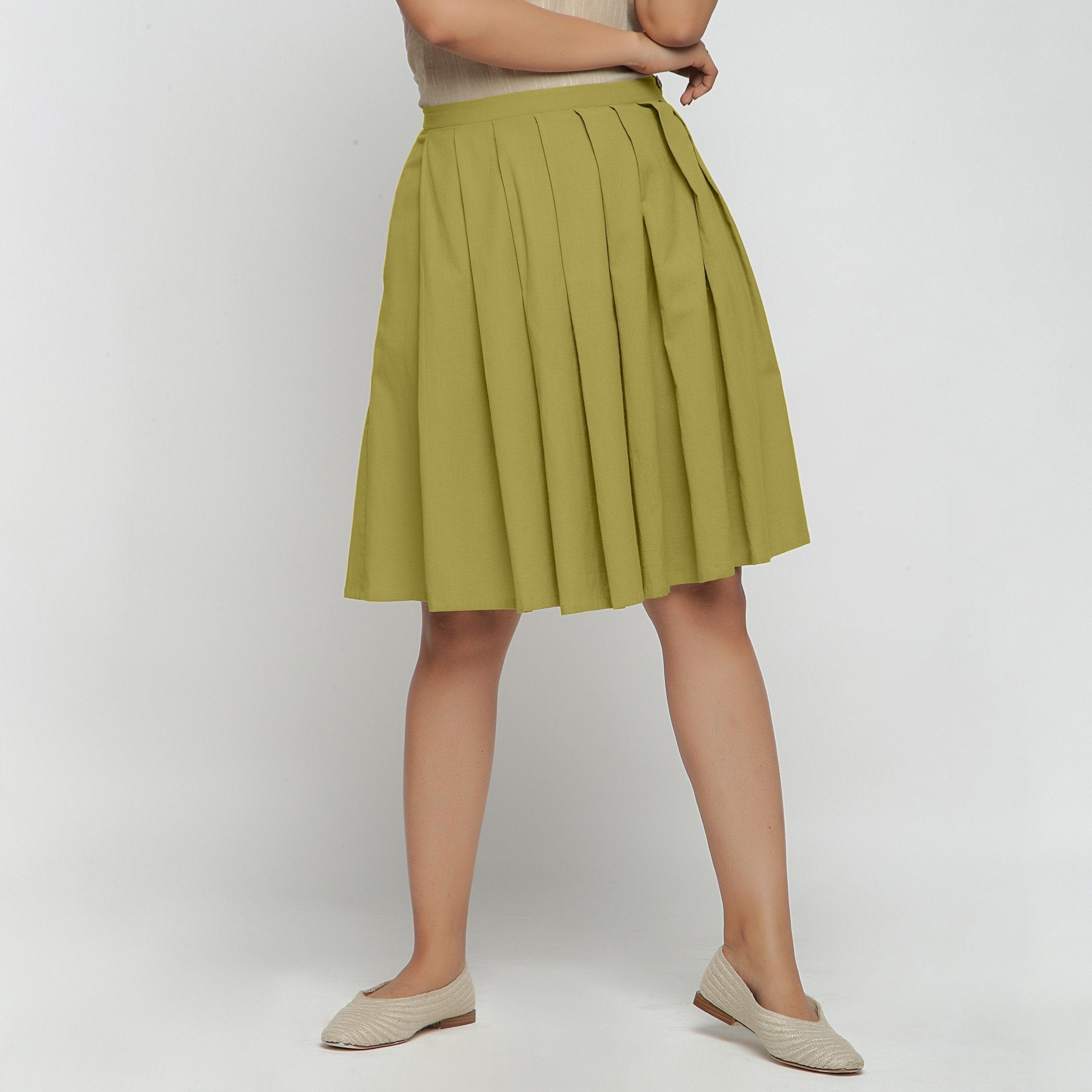 Front View of a Model wearing Olive Green Cotton Flax Pleated Skirt