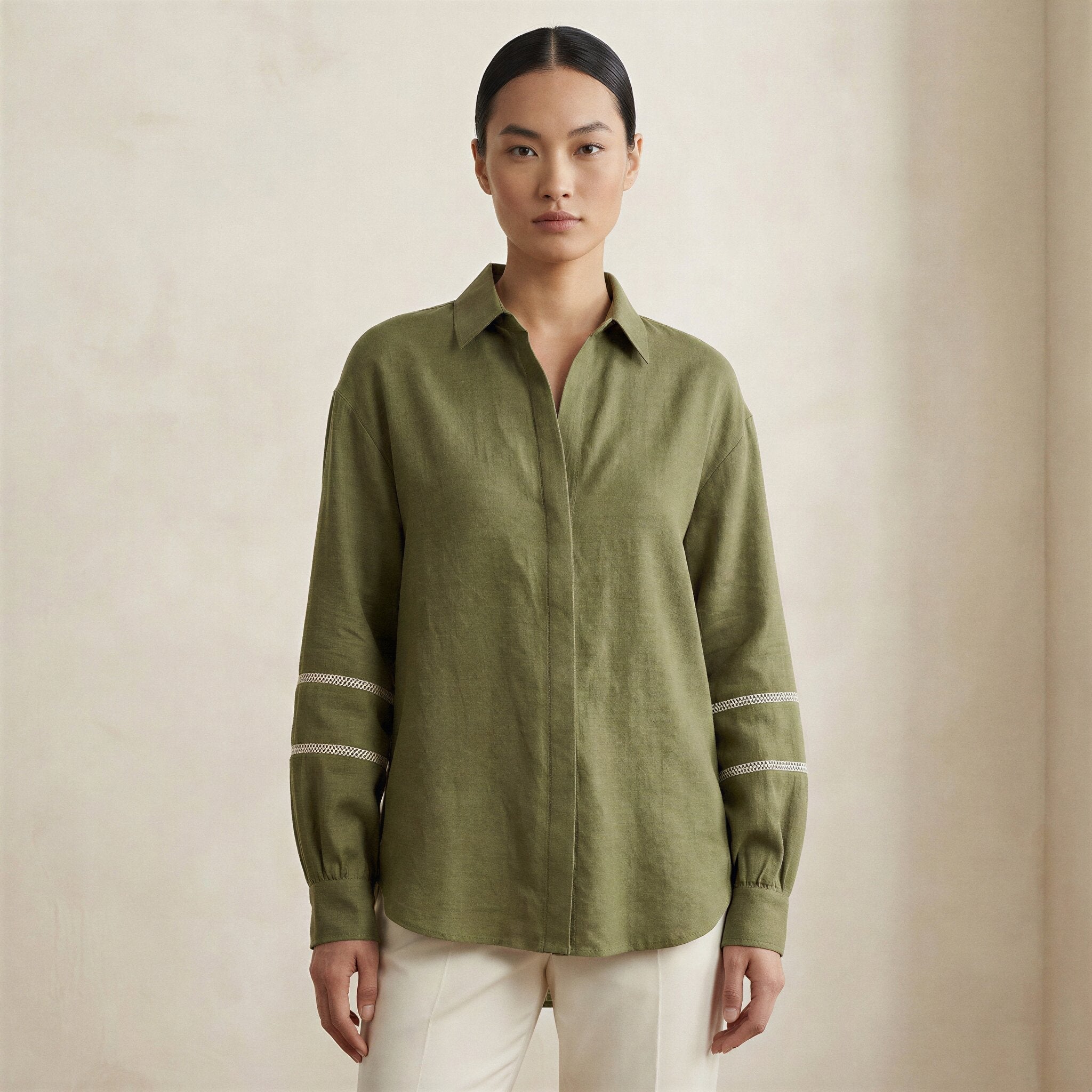 Olive Green Cotton Flax Relaxed Full Sleeve Button-Down Shirt