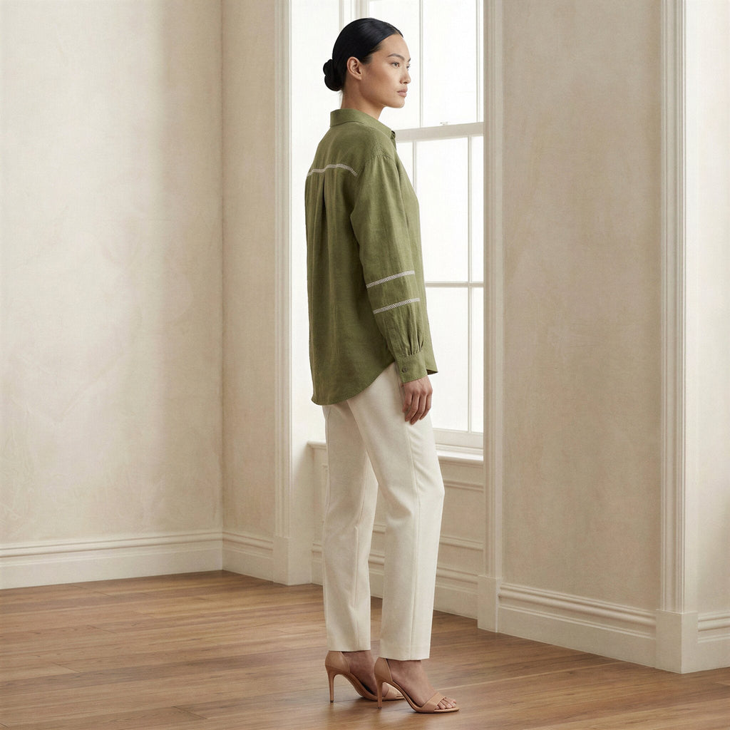 Olive Green Cotton Flax Relaxed Full Sleeve Button-Down Shirt