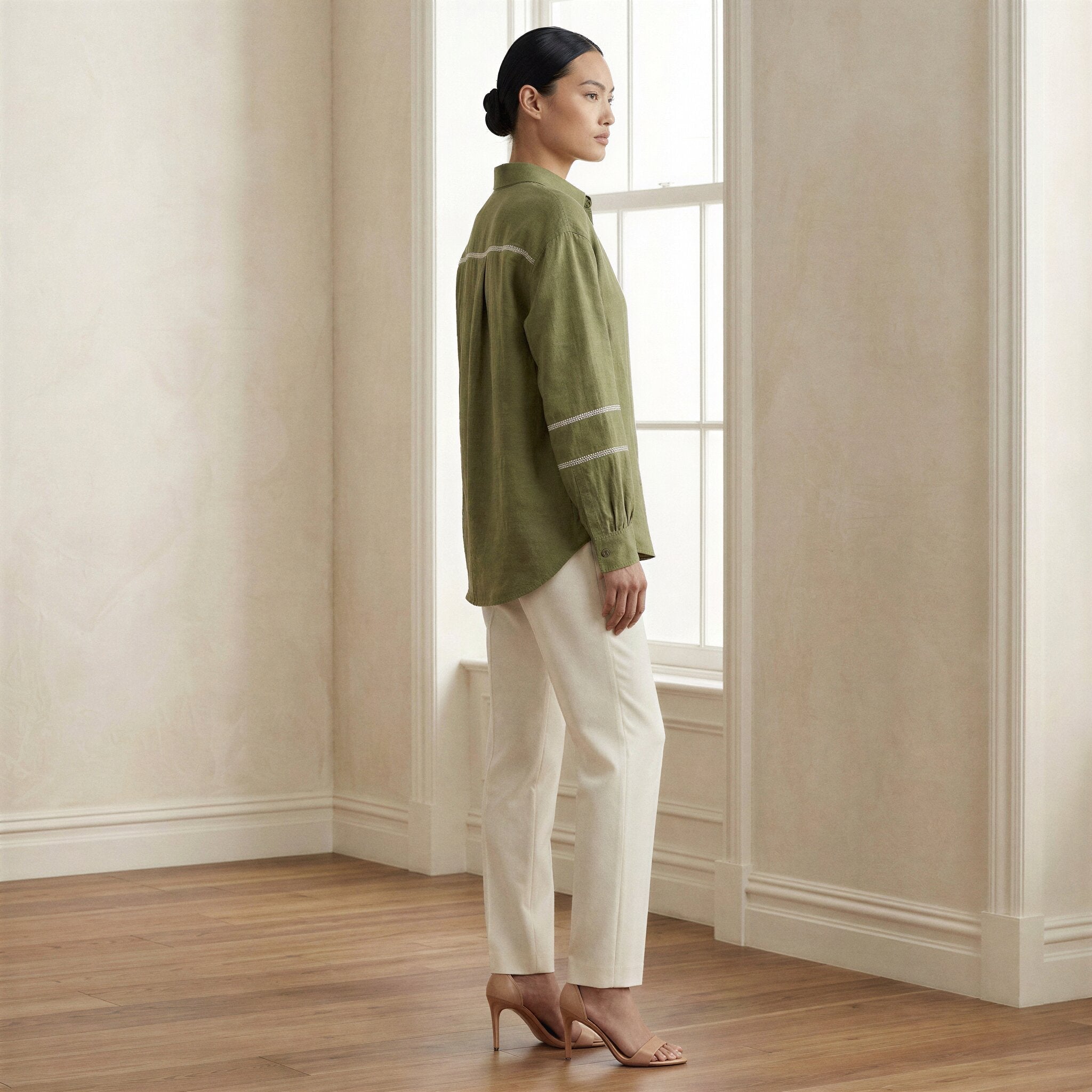 Olive Green Cotton Flax Relaxed Full Sleeve Button-Down Shirt