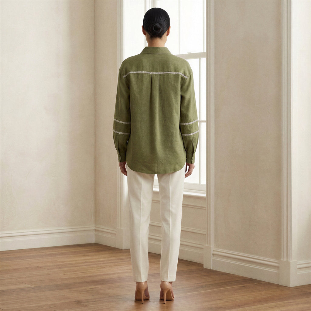 Olive Green Cotton Flax Relaxed Full Sleeve Button-Down Shirt