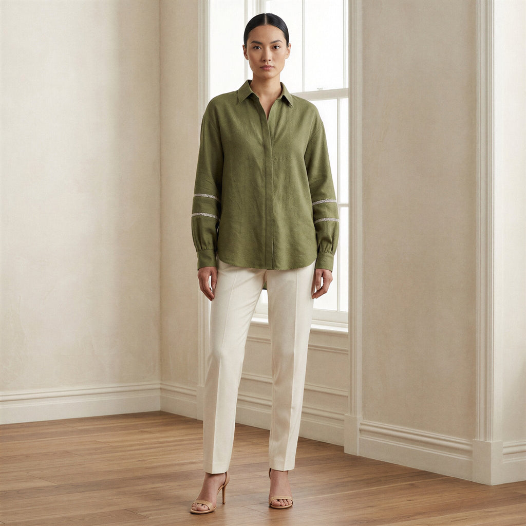 Olive Green Cotton Flax Relaxed Full Sleeve Button-Down Shirt