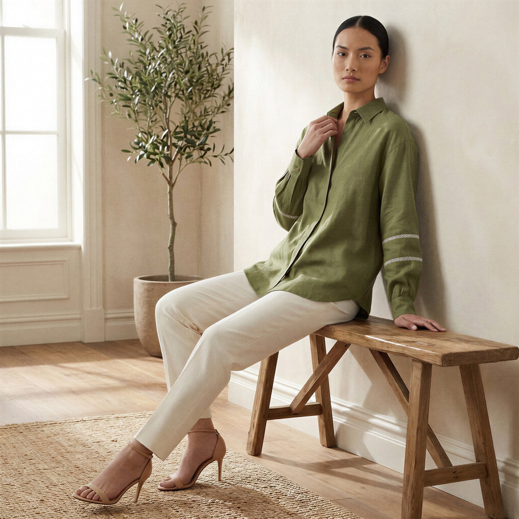 Olive Green Cotton Flax Relaxed Full Sleeve Button-Down Shirt