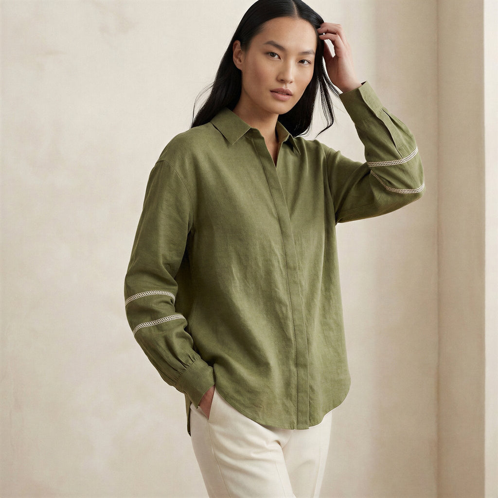 Olive Green Cotton Flax Relaxed Full Sleeve Button-Down Shirt