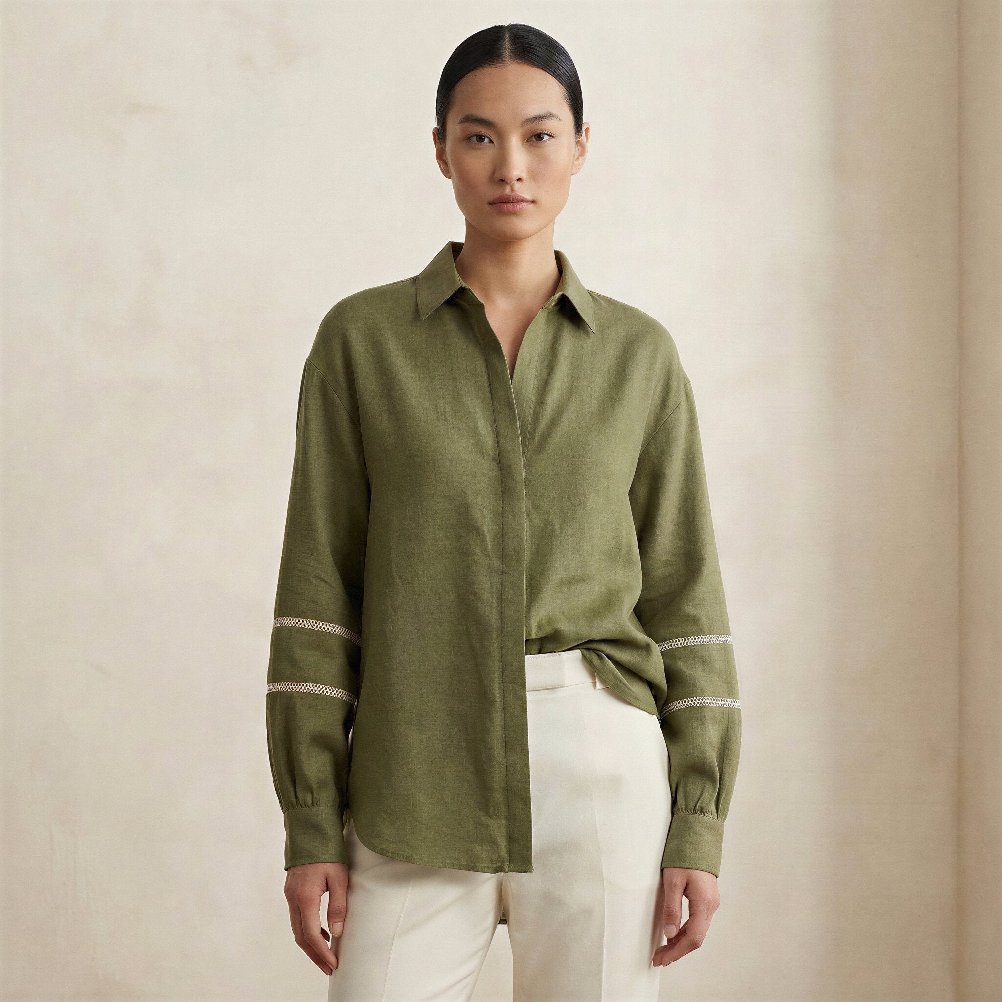 Olive Green Cotton Flax Relaxed Full Sleeve Button-Down Shirt