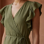 Olive Green Cotton Flax Ruffle Midi Wrap Dress