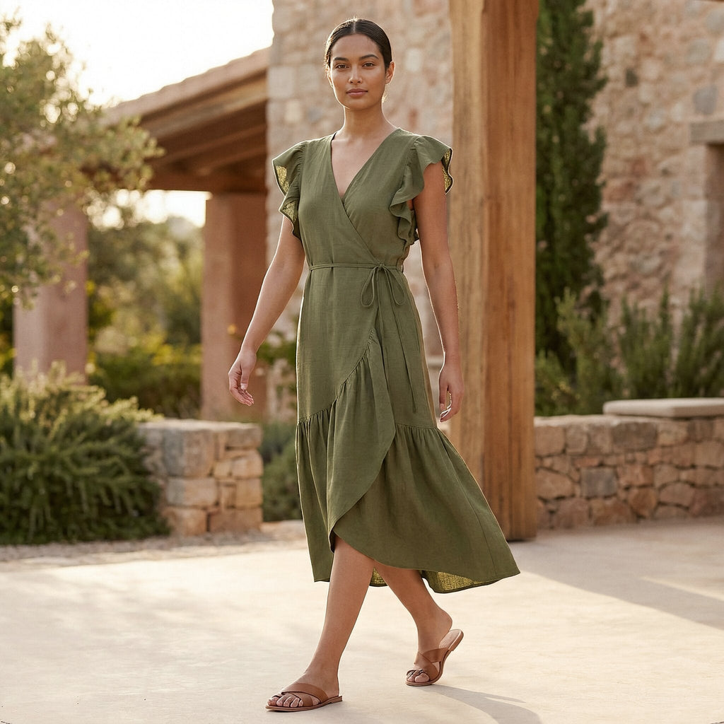 Olive Green Cotton Flax Ruffle Midi Wrap Dress