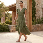 Olive Green Cotton Flax Ruffle Midi Wrap Dress