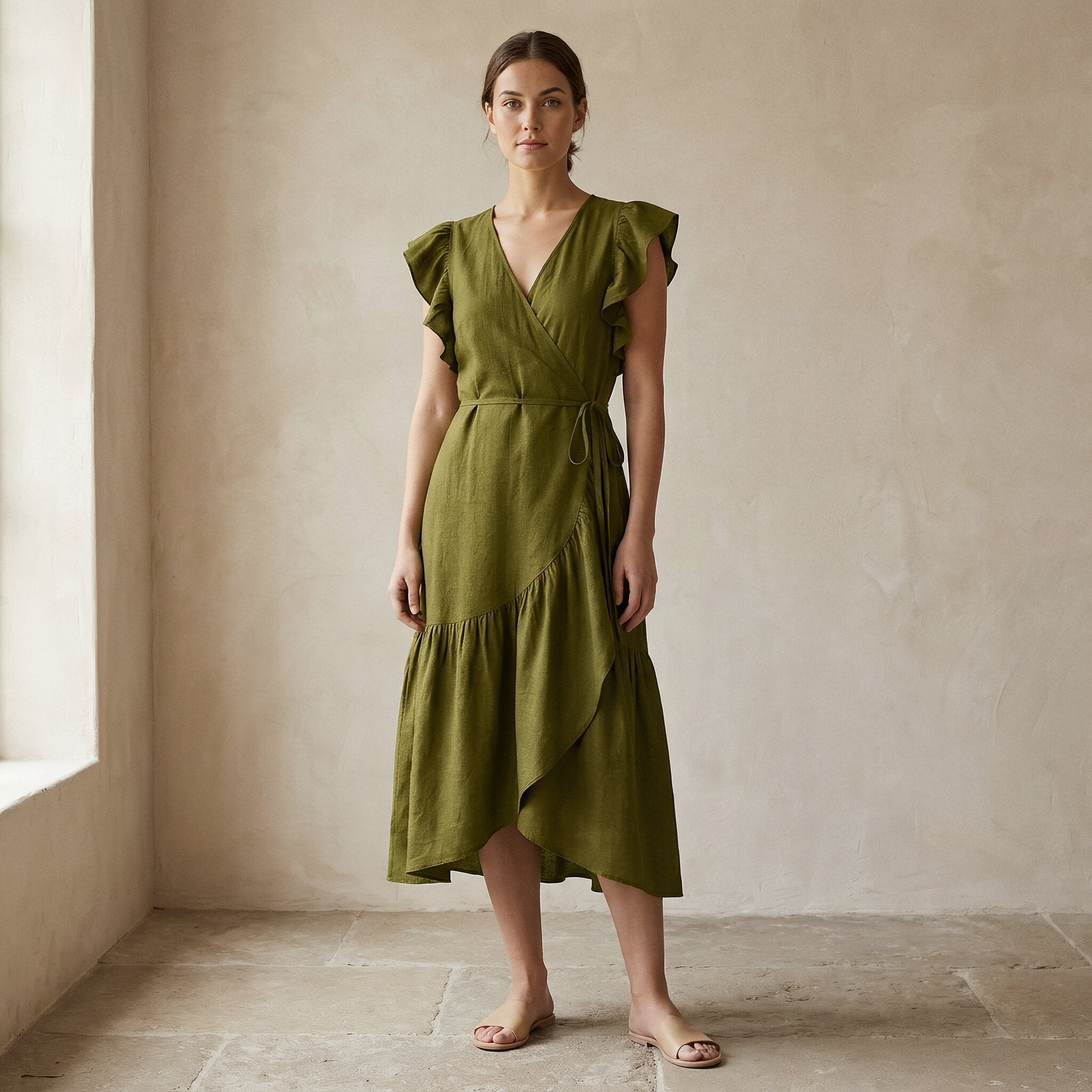 Olive Green Cotton Flax Ruffle Midi Wrap Dress