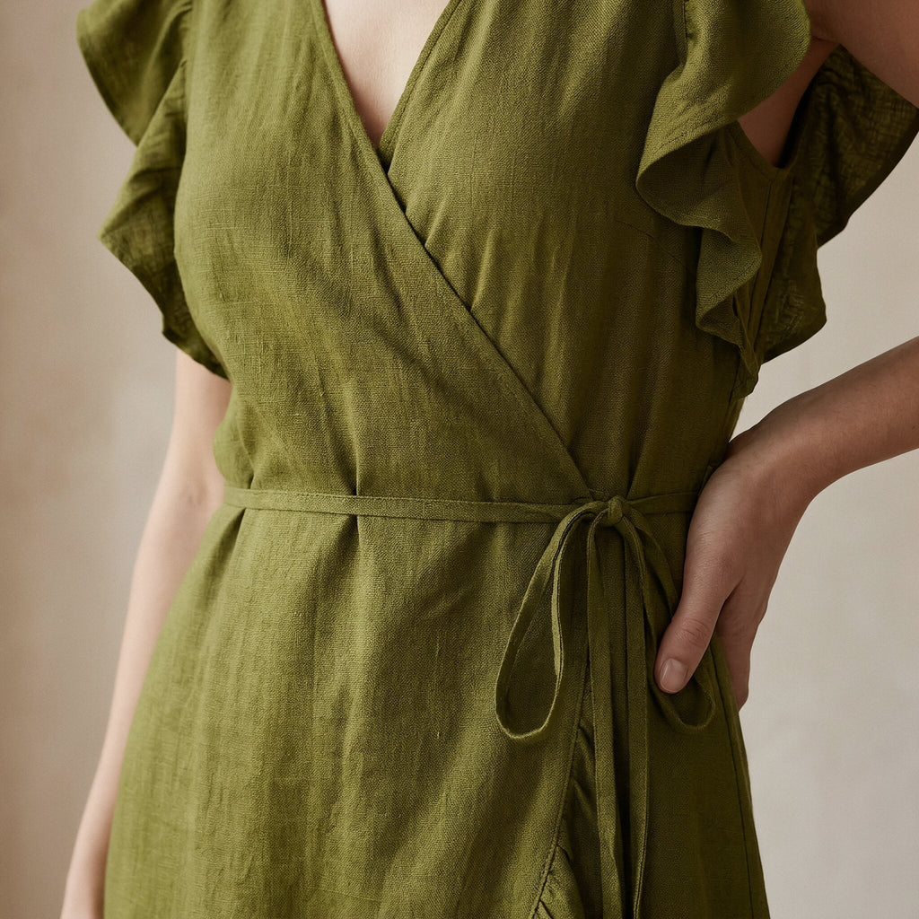 Olive Green Cotton Flax Ruffle Midi Wrap Dress