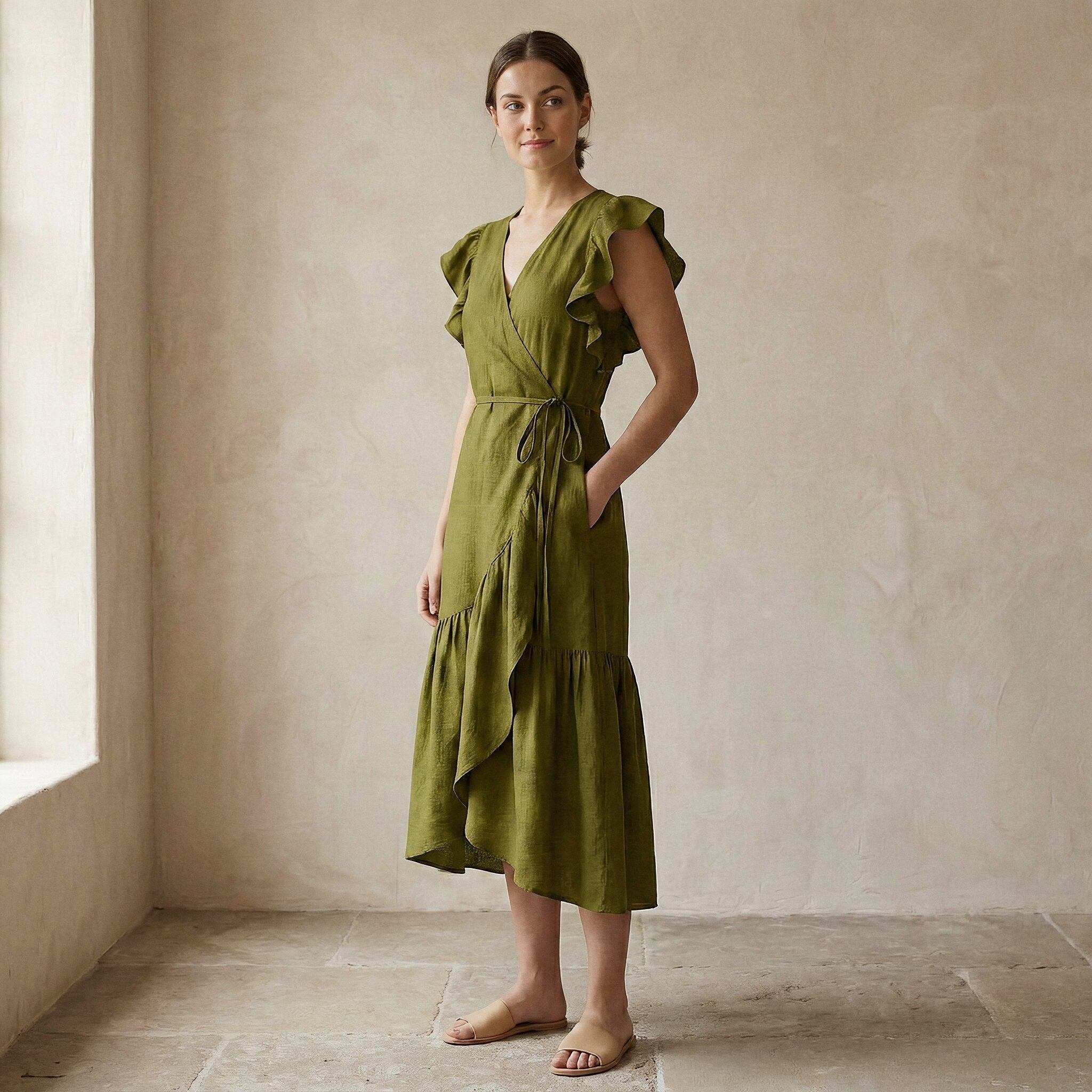 Olive Green Cotton Flax Ruffle Midi Wrap Dress
